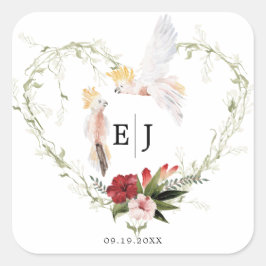 Pegatina Cuadrada Favor de Boda de Palm Floral en Playa Tropical