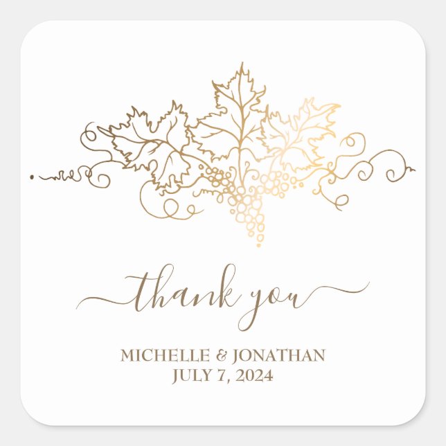Pegatina Cuadrada Favor de Boda de Viñedo Dorado (Anverso)