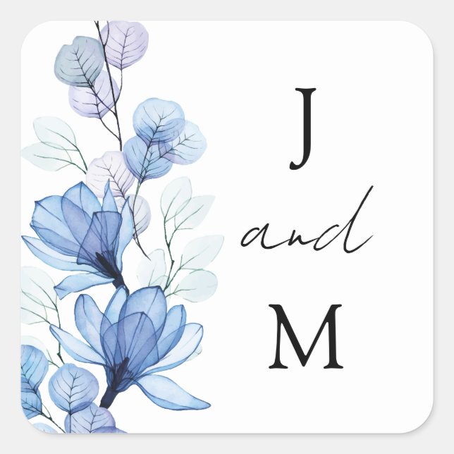Pegatina Cuadrada Favor de boda floral azul polvoriento con monogram (Anverso)
