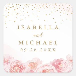 Pegatina Cuadrada Favor de boda floral elegante en oro y rosa rubor