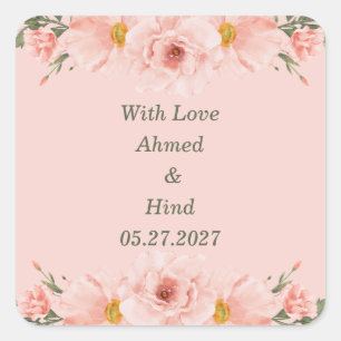 Pegatina Cuadrada Favor de boda floral Elegante Rosa Melocotón Blush