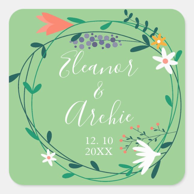 Pegatina Cuadrada Favor de boda guirnalda floral campestre (Anverso)