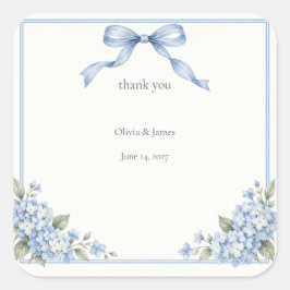 Pegatina Cuadrada Favor de boda Hortensia Azul Polvoriento Agradecim