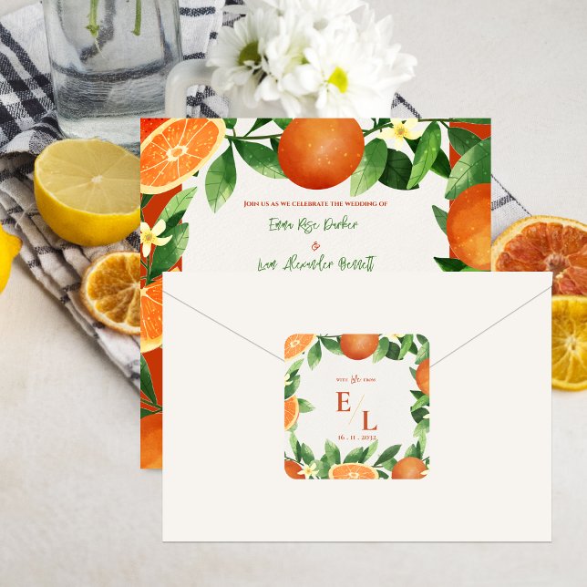 Pegatina Cuadrada Favor de Boda Monograma Citrus Rústico (With Love From – Rustic Citrus Wedding Favor Square Sticker)
