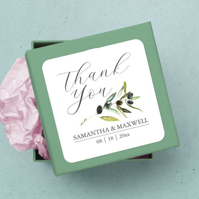 Pegatina Cuadrada Favor de casamiento de rama de oliva acuarela (thank you sticker watercolor botanical olive branch wedding favors)