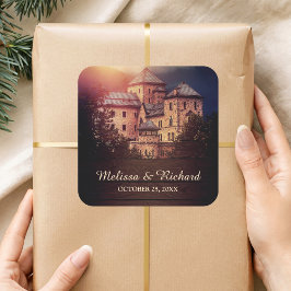 Pegatina Cuadrada Favor de Castillo de Cuento de Hadas Rústico Vinta