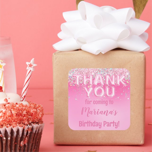 Pegatina Cuadrada Favor de cumpleaños con efecto ombre rosa (Fiesta)