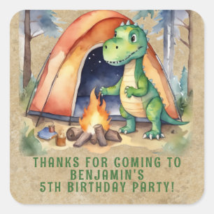 Pegatina Cuadrada Favor de cumpleaños de campamento de dinosaurios