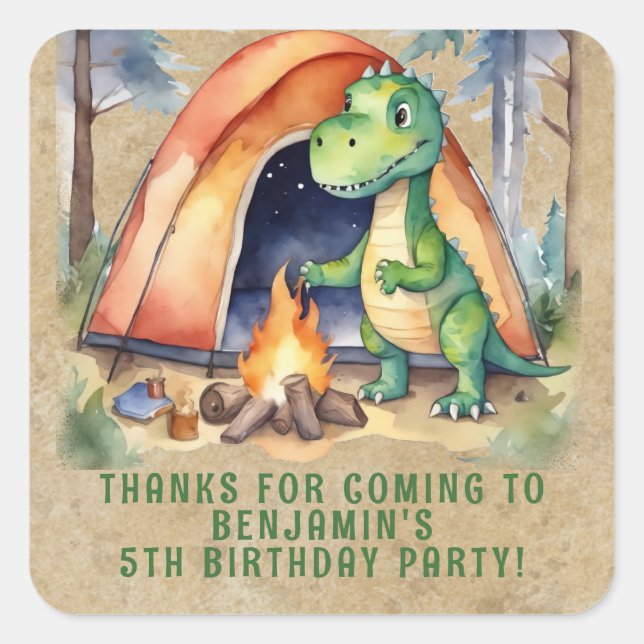 Pegatina Cuadrada Favor de cumpleaños de campamento de dinosaurios (Anverso)
