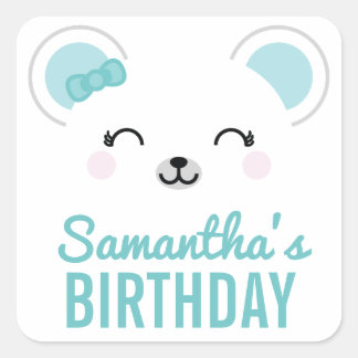 Pegatina Cuadrada Favor de cumpleaños de niña linda Kawaii Oso Polar