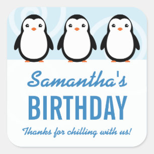 Pegatina Cuadrada Favor de cumpleaños de niña pingüino de invierno
