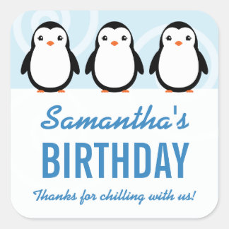 Pegatina Cuadrada Favor de cumpleaños de niña pingüino de invierno