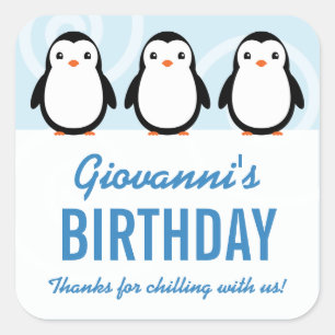 Pegatina Cuadrada Favor de cumpleaños de pingüino de invierno para n