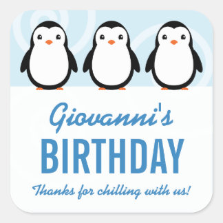 Pegatina Cuadrada Favor de cumpleaños de pingüino de invierno para n
