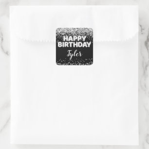 Pegatina Cuadrada Favor de cumpleaños en blanco y negro