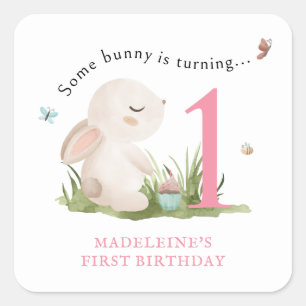 Pegatina Cuadrada Favor de cumpleaños número uno de Some Bunny