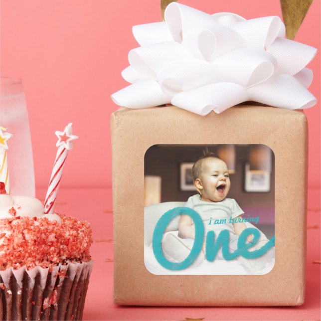 Pegatina Cuadrada Favor de cumpleaños número uno para niño con bocet (Fiesta)
