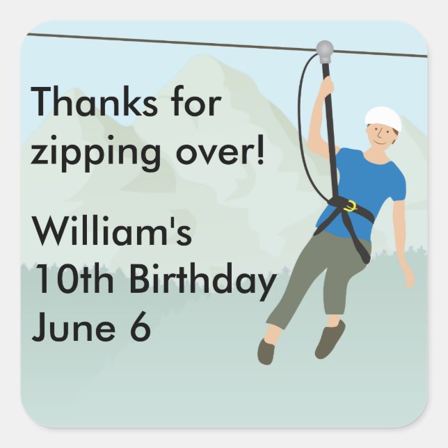 Pegatina Cuadrada Favor de cumpleaños para la línea Zip Lining (Anverso)