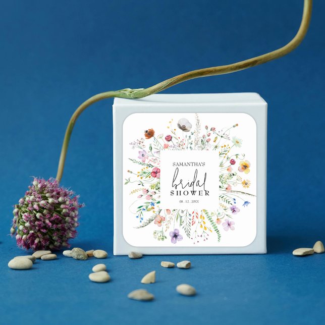 Pegatina Cuadrada Favor de Despedida de Soltera con Flores Silvestre (Wildflowers Bridal Shower Square Stickers)