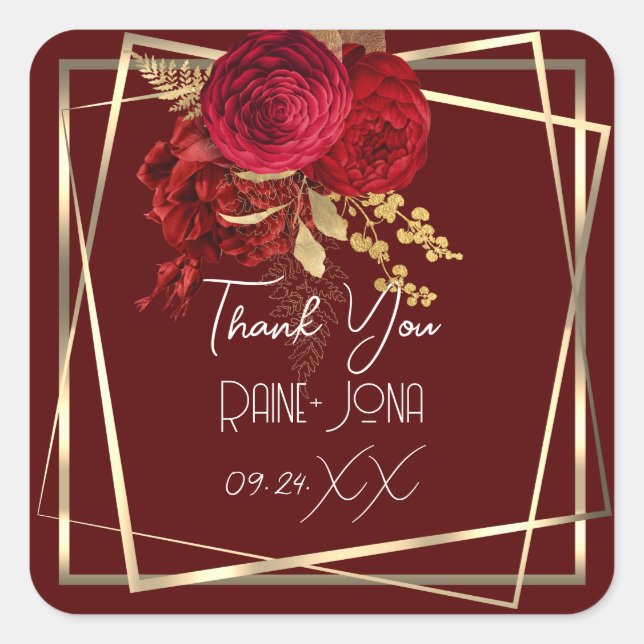 Pegatina Cuadrada Favor de Despedida de Soltera Floral Rojo Borgoña  (Anverso)