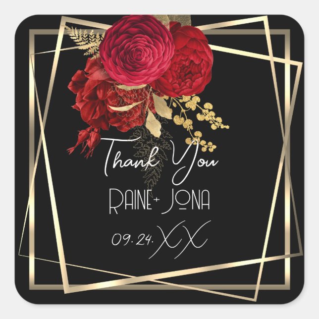 Pegatina Cuadrada Favor de Despedida de Soltera Floral Rojo Negro Bl (Anverso)