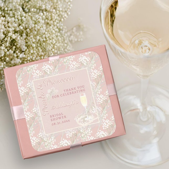 Pegatina Cuadrada Favor de Despedida de Soltera Perlas y Prosecco Ba (Subido por el creador)