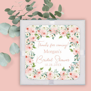 Pegatina Cuadrada Favor de Ducha de Novia Floral Blanco Melocotón