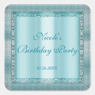 Pegatina Cuadrada Favor de fiesta de Aqua Teal Blue y diamante de pl