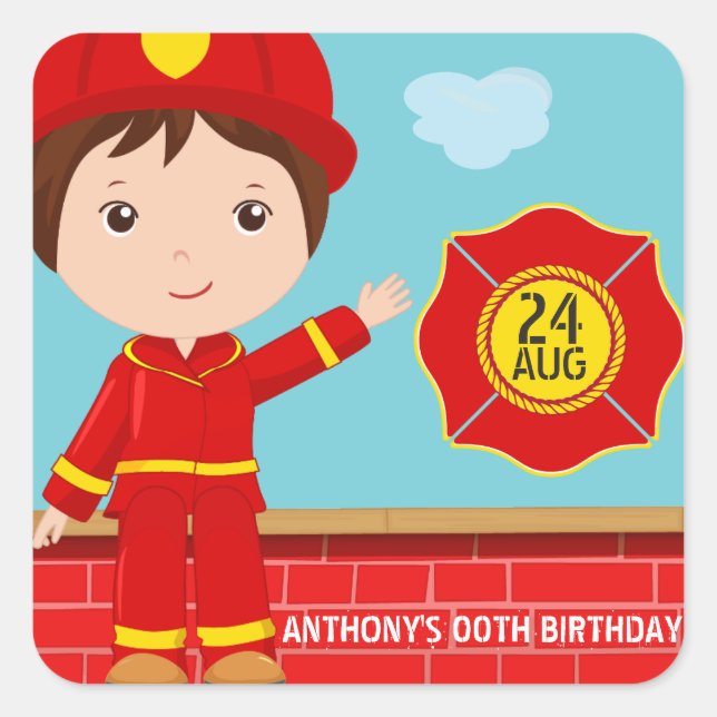 Pegatina Cuadrada Favor de fiesta de cumpleaños con tema de bombero (Anverso)