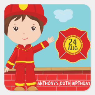 Pegatina Cuadrada Favor de fiesta de cumpleaños con tema de bombero