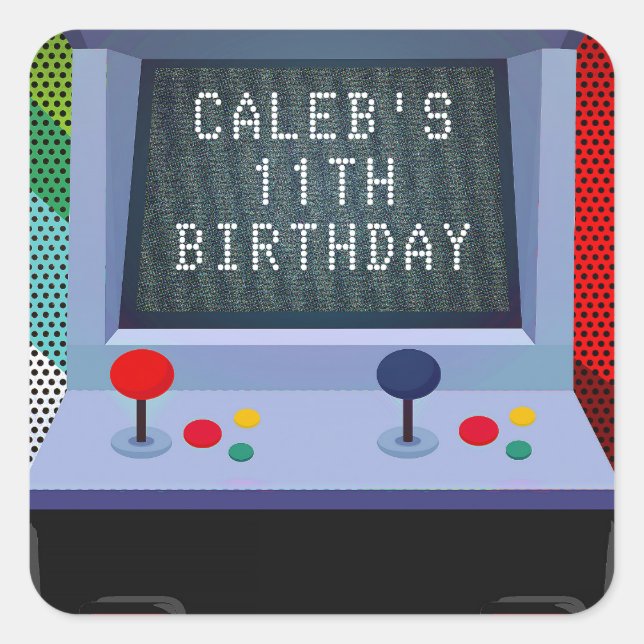 Pegatina Cuadrada Favor de fiesta de cumpleaños de juego de arcade (Anverso)