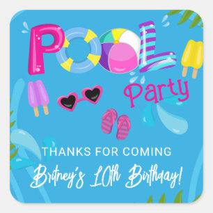 Pegatina Cuadrada Favor de fiesta de cumpleaños de niña de verano de