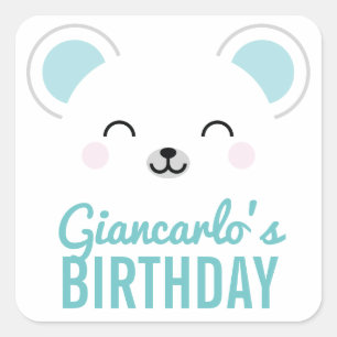 Pegatina Cuadrada Favor de fiesta de cumpleaños de oso polar lindo K