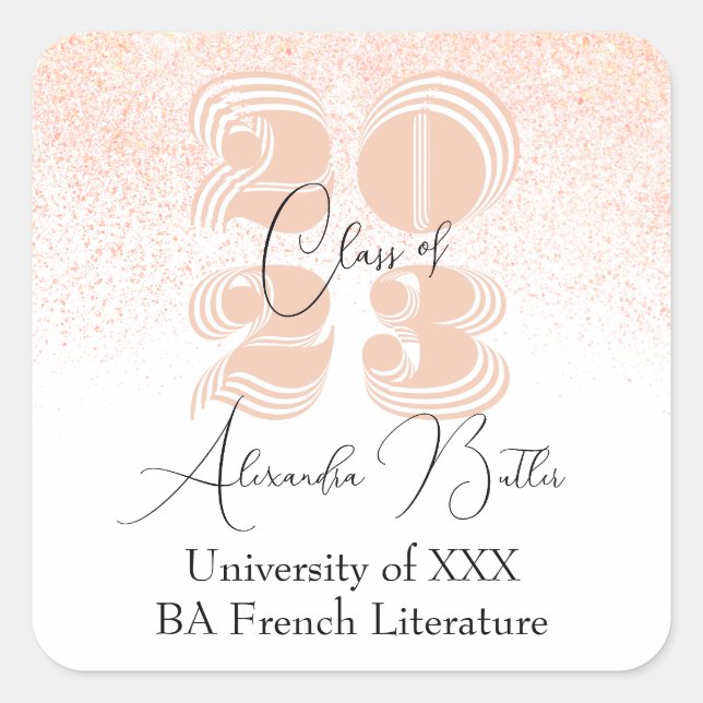 Pegatina Cuadrada Favor de Fiesta de Graduación Clase 2023 Durazno G (Anverso)