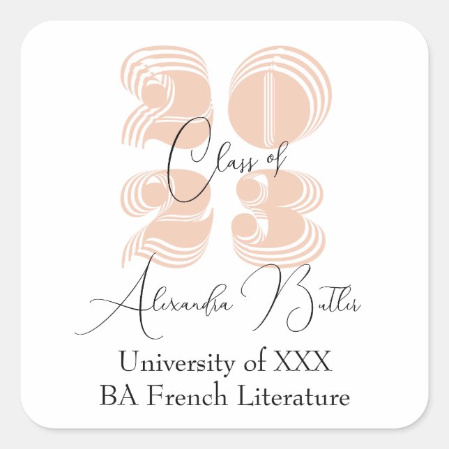 Pegatina Cuadrada Favor de Fiesta de Graduación de Durazno Clase 202 (Anverso)