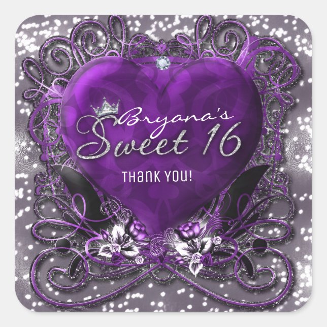 Pegatina Cuadrada Favor de fiesta Purple & Silver Heart Sparkle Swee (Anverso)