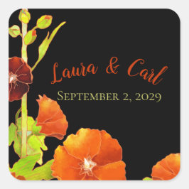 Pegatina Cuadrada Favor de la boda de los Hollyhocks rojos