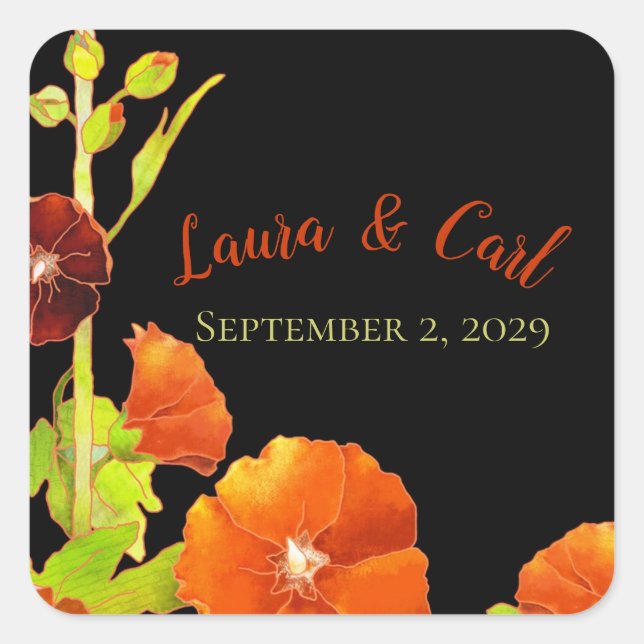 Pegatina Cuadrada Favor de la boda de los Hollyhocks rojos (Anverso)