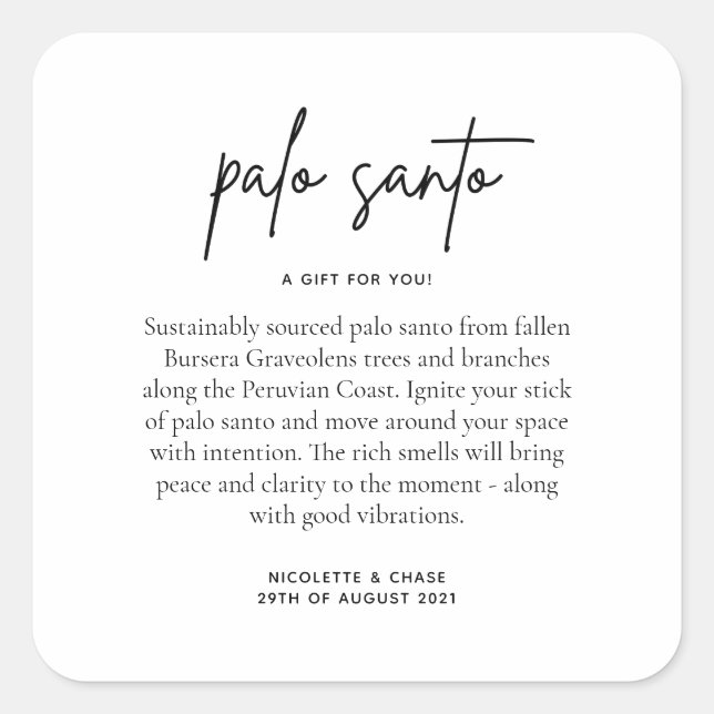 Pegatina Cuadrada Favor de la boda de Palo Santo (Anverso)