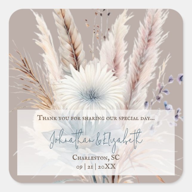 Pegatina Cuadrada Favor de la Boda Floral de Invierno | Beige (Anverso)