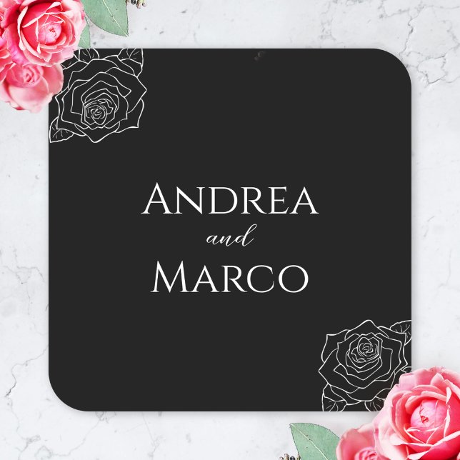 Pegatina Cuadrada Favor De La Boda Gótica Rosa Blanca Y Negra (gothic wedding sticker)