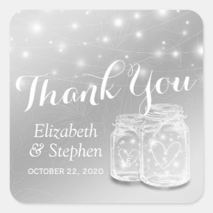 Pegatina Cuadrada Favor de la boda Gracias Mason Jars & String Light