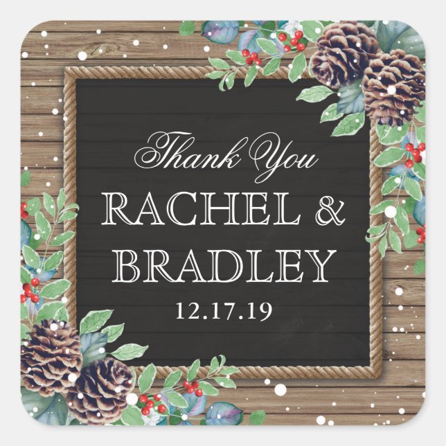 Pegatina Cuadrada Favor de la boda invernal de Navidades de campo ru (Anverso)