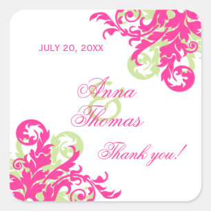 Pegatina Cuadrada Favor de la boda rosa y verde floreciente
