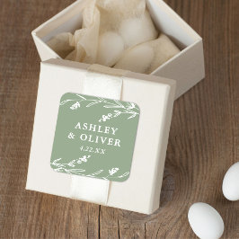 Pegatina Cuadrada Favor de la Boda Rustic Sage Green Wildflower