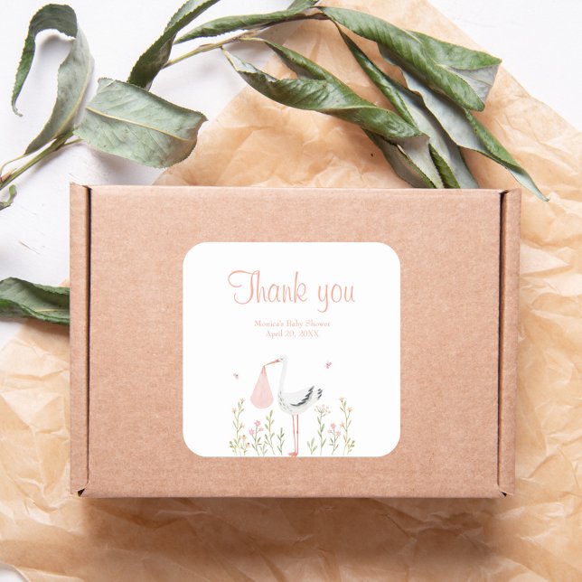 Pegatina Cuadrada Favor de la ducha de bebé de cigüeñas rosa (Subido por el creador)