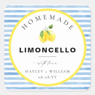 Pegatina Cuadrada Favor de Limoncello con Raya de Acuarela Azul