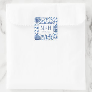 Pegatina Cuadrada Favor de Monograma de Boda Azul y Blanco Elegante