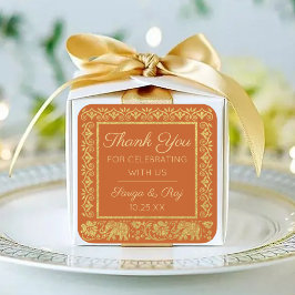Pegatina Cuadrada Favor de regalo de oro para elefante y Boda Lotus