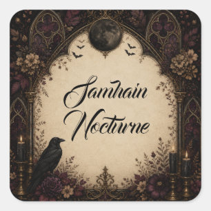 Pegatina Cuadrada Favor de Samhain Nocturno Cuervo Gótico de Hallowe
